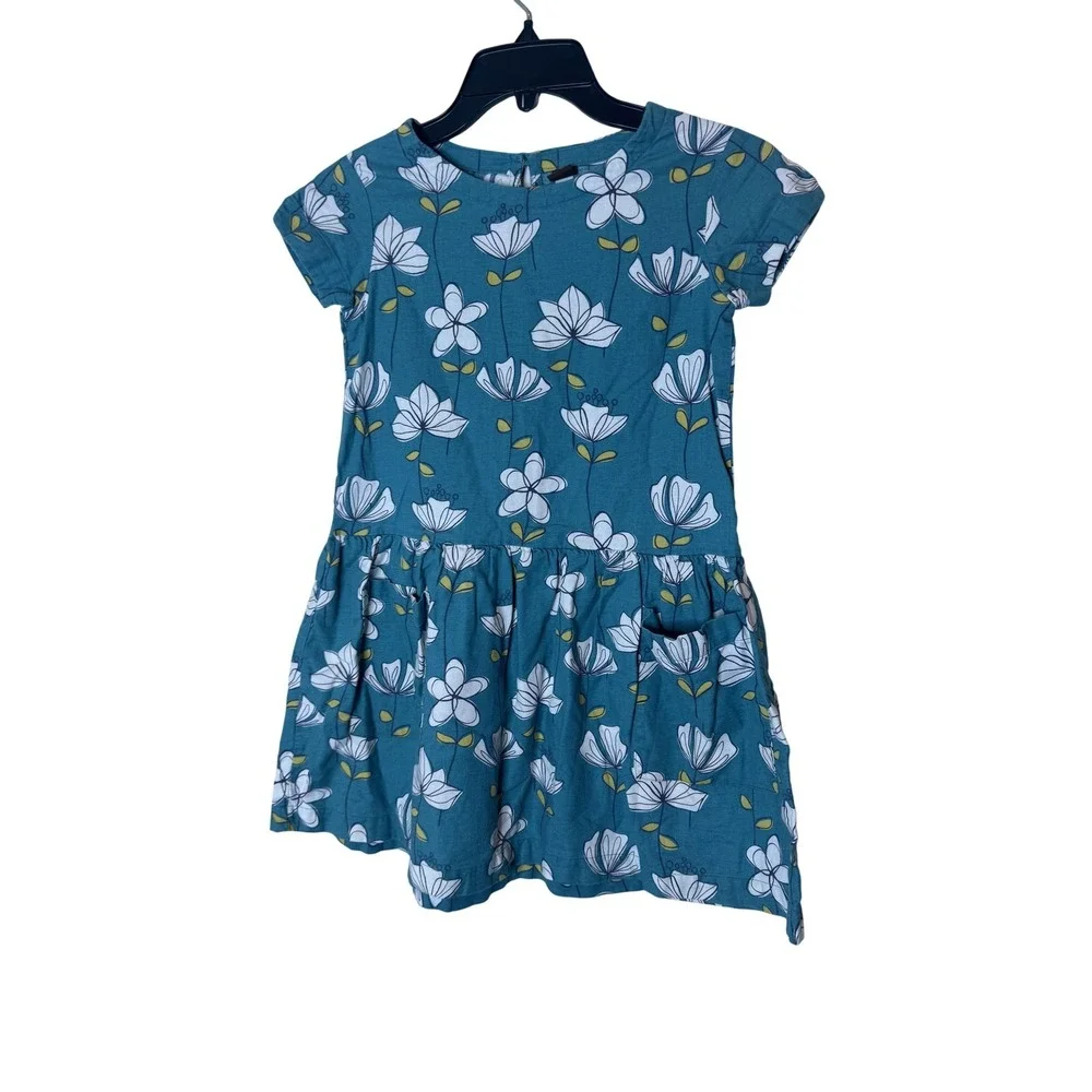Tea Collection Dress Girls 8 Blue Floral Short Sleeve Pockets Cotton Knit